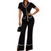 Women's Contrast Collar Short-Sleeve Top & Wide-Leg Pants Set – Breathable Poly-Spandex Office To Lounge Outfit (S-XXL, Black, Stitched Pockets)_ecoleips.com