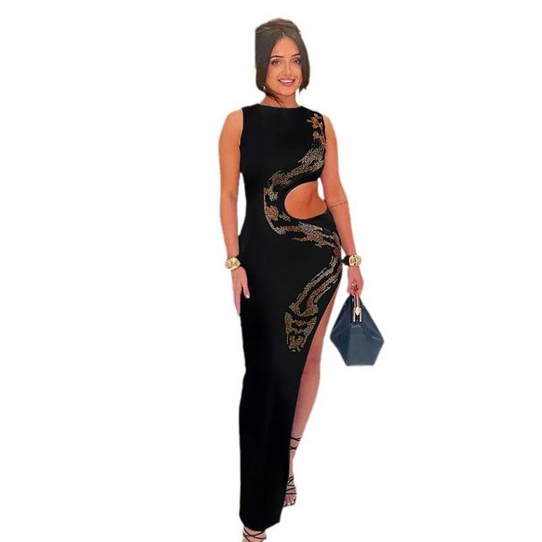 Women's Clothing hollow snake shaped hot diamond slit hip dress_ecoleips.com