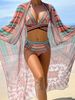 Three Piece Swimsuit Set High Waist Cross Strap Bikini Print Sheer Cap Sexy Vacation Style Polyester Swimwear For Women_ecoleips.com