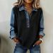 Women's Clothing Loose Ribbed Sweatshirt With Denim Patchwork Collar Washed Fashion New_ecoleips.com