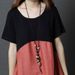 Summer Korean Style Loose Plus Size Women's Fashion Cotton Linen Color Block Round Neck Dress_ecoleips.com