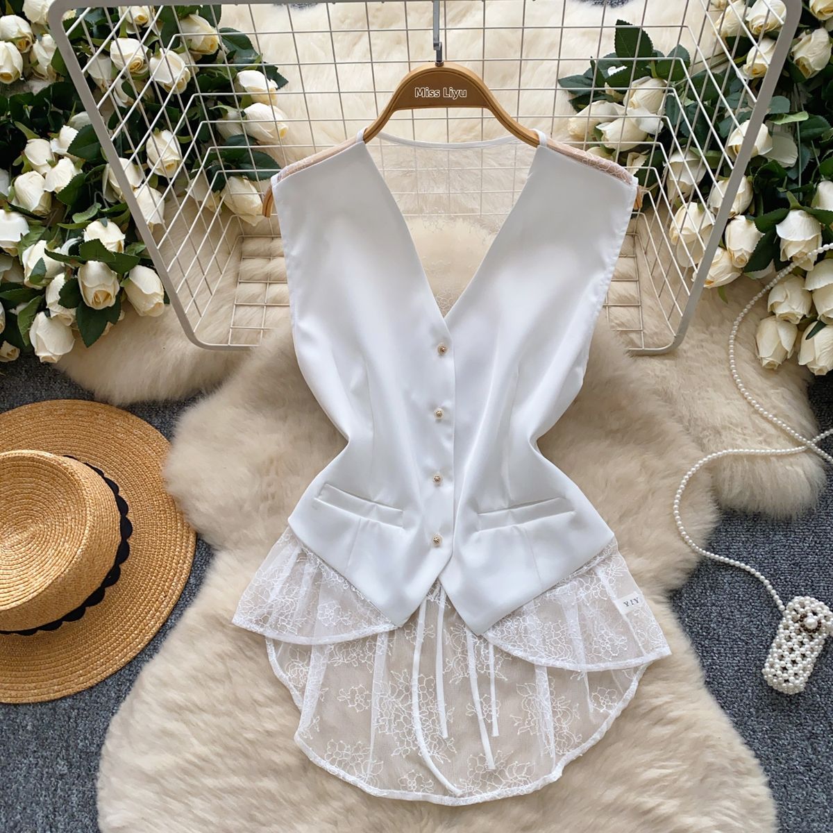 Mature Sophisticated Women's Vest Sheer Lace Detailing Back Fitted Waist Asymmetrical Design Outerwear_ecoleips.com
