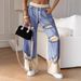 Women's Clothing Lace Up Spring And Summer Hong Kong Style Trendy Individual Street Thin Ripped Double Layer Color Straight Jeans_ecoleips.com