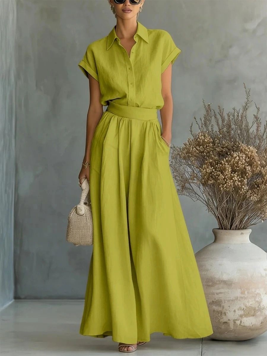 Women's Spring/Summer Fashion Casual Two Piece Set Solid Color Shirt And Wide Leg Pants Style_ecoleips.com