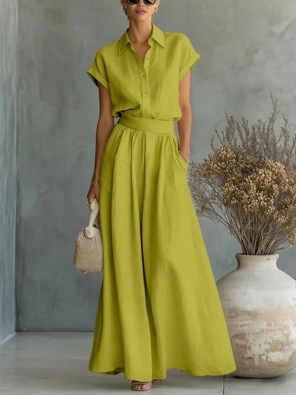 Women's Spring/Summer Fashion Casual Two Piece Set Solid Color Shirt And Wide Leg Pants Style_ecoleips.com