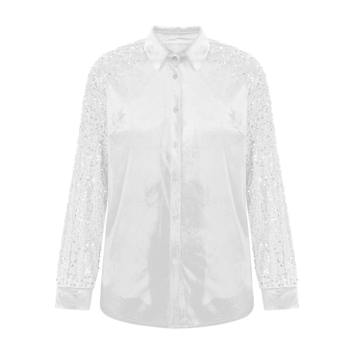 K Ladies' Sequined Sleeve Patchwork Long Sleeved Velvet Loose Shirt Top_ecoleips.com