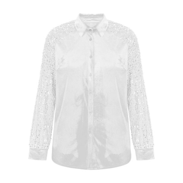K Ladies' Sequined Sleeve Patchwork Long Sleeved Velvet Loose Shirt Top_ecoleips.com