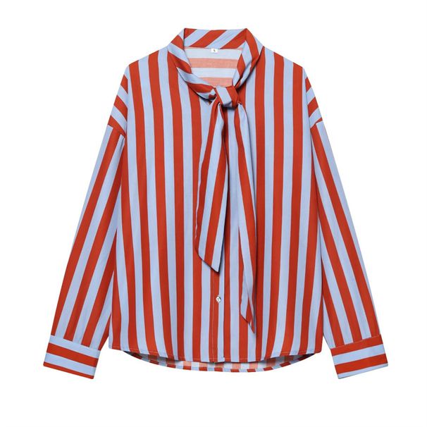 Women's Clothing Striped Long Sleeved Shirt Tie Waist Fashionable Top For Spring Versatile Blouse_ecoleips.com
