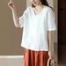 Vintage Cotton-Linen Top For Women, Loose Slimming V-Neck Short-Sleeve Pullover, Casual Solid-Color T-Shirt, Linen Shirt_ecoleips.com