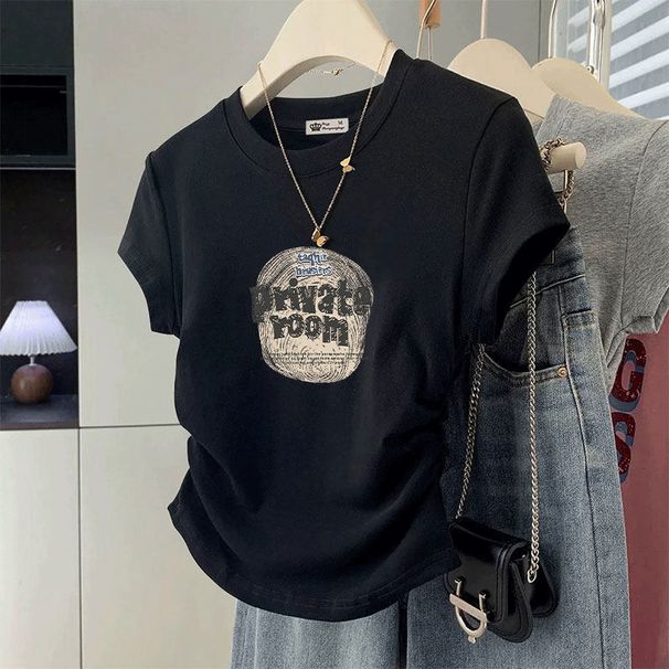 Women's Slim Fit Cotton T-Shirt Short Sleeve round Neck Summer Style Korean Fashion Irregular Design Versatile Instagram Style Top_ecoleips.com