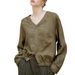 Linen V Neck Raglan Long Sleeve Shirt Yarn Dyed Woven Texture Loose Cocoon Shape Vintage Style Spring Arrival Women's Top_ecoleips.com