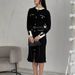 Black Knit Dress Color-Block Stand Collar Belted Midi Long Sleeve Women's Casual Dress For Autumn/Winter_ecoleips.com