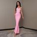 Verve New Pink Strapless Beaded Long Bandage For Women Solid Color Party Evening Dress_ecoleips.com
