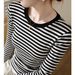 2025 High Quality Black White Striped T-Shirt Women's Pure Cotton 2025 Autumn And Winter Clothing New Slim Fit Shoulder Top_ecoleips.com