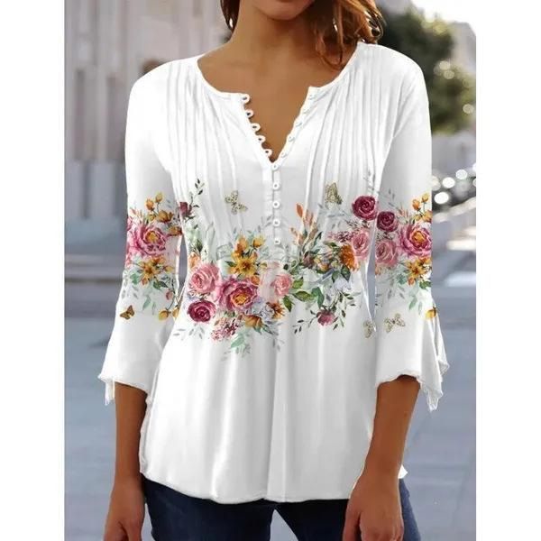 202 Cross-Border European And American Spring/Summer Fashion New Women's Floral Print V-Neck Short Sleeve Pleated Button_ecoleips.com