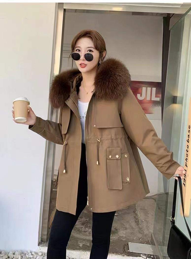 Women's Fashionable Parka Coat With Detachable Fox Fur Collar & Otter Rabbit Fur Lining, Mid-Length Winter Jacke For Casual Style_ecoleips.com