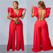 Women's solid color sexy V-neck pleated trousers jumpsuit_ecoleips.com