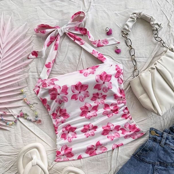 Cross-border Foreign Trade Best-selling Women's Floral Print Ruched Camisole Top For Women To Wear As Outerwear_ecoleips.com