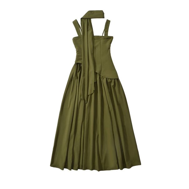 European American Style Scarf-strap Dress For Women, With A Stylish Sexy High Slit, Waist-cinching, Pleated, And Long_ecoleips.com