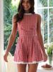K New Fashionable Women's Plaid Waist Cinched Stand Up Collar Short Sleeveless Jumpsuit_ecoleips.com