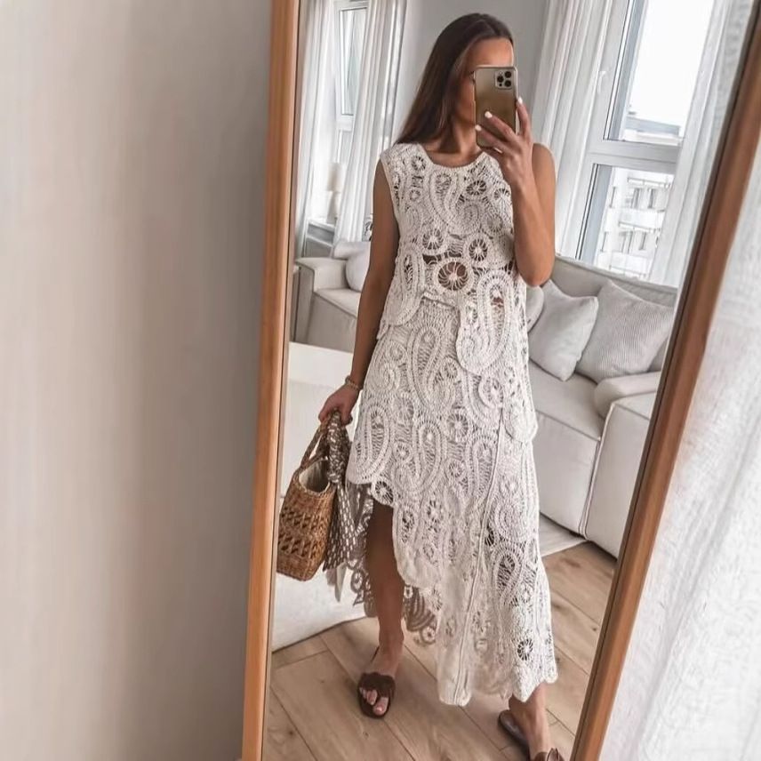 2025 Summer European And American Women's New Knitted Hollow Irregular Sleeveless Casual Skirt Set_ecoleips.com