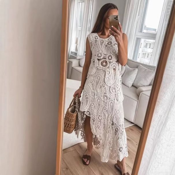 2025 Summer European And American Women's New Knitted Hollow Irregular Sleeveless Casual Skirt Set_ecoleips.com