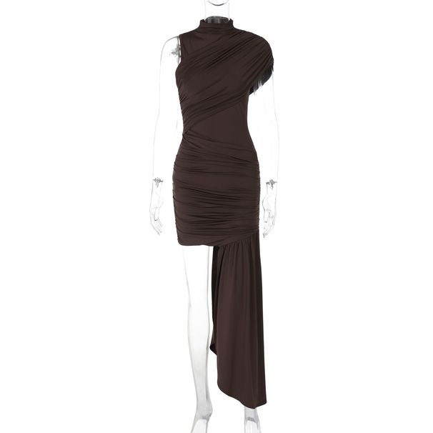 2025 Early Autumn New Fashion Slim Fit Round Neck Ruched Bodycon Irregular Sleeveless Dress Wholesale_ecoleips.com