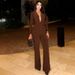 Elegant V-Neck Long Sleeve Jumpsuit - Stretch Fit High Waist Bodycon Romper With Ruffle Detail For Women (Brown & White)_ecoleips.com