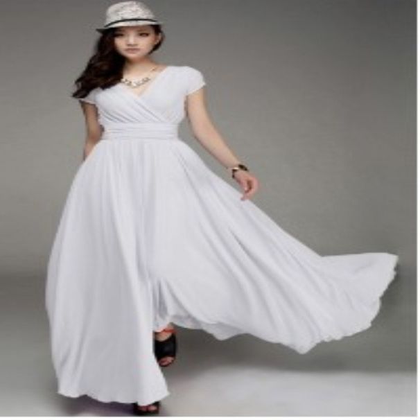 European And American V-neck Short Sleeve Bohemian Chiffon Waist Slimming Belly Covering Dress Gown_ecoleips.com