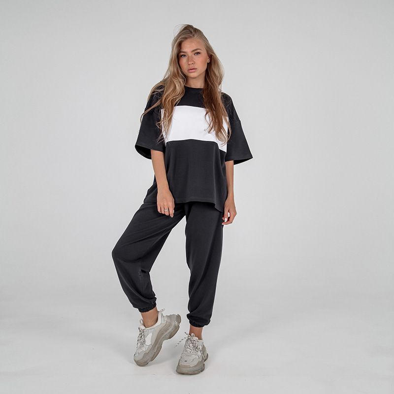 Casual Suit European And American New Fashion Loose Contrast Color Round Neck Short Sleeve T Shirt Sports Trousers 2 Pieces_ecoleips.com