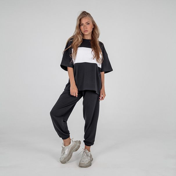 Casual Suit European And American New Fashion Loose Contrast Color Round Neck Short Sleeve T Shirt Sports Trousers 2 Pieces_ecoleips.com