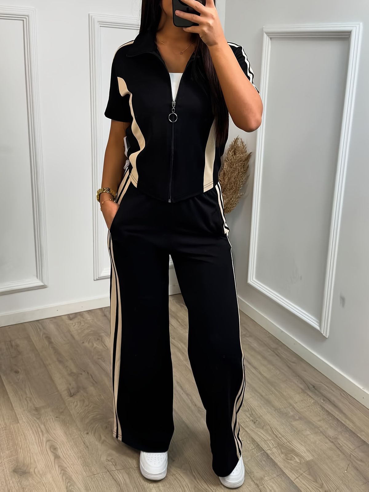Women's Straight Fit Zippered Short Sleeve Top With Elastic Waist And Pockets Casual Versatile Spring Summer Everyday Commute Suit_ecoleips.com