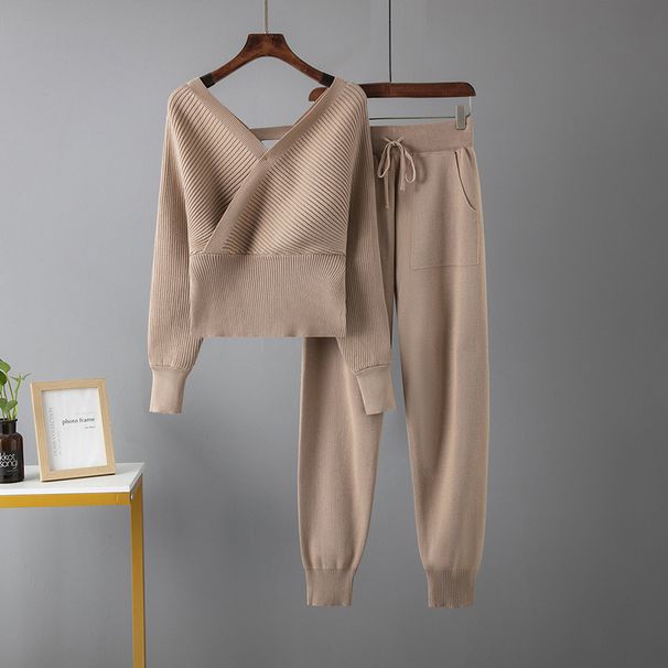 Women's Sexy V-Neck Sweater & Casual Jogger Pants Set - Autumn Two-Piece Outfit For Work & Leisure_ecoleips.com