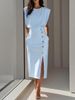 Women's Clothing Women's Round Neck Sleeveless Dress With Button Detail And Slit Long Skirt Solid Color For Formal & Casual For Women_ecoleips.com