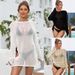 Women's Clothing New Knitted Hollow Beach Cover Up Sexy Slightly Transparent Split Long Sleeved Sunscreen Bikini Swimsuit Outer Cover Up_ecoleips.com
