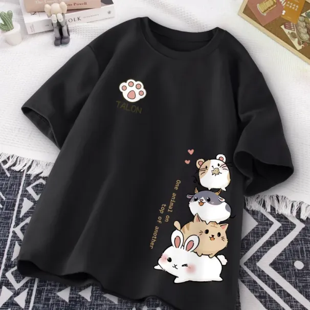 Japanese Cute Hamster Style Sweet Print Daily Wear Short Sleeve T-shirt Women's Loose Casual Teenage Student Half Sleeve Top_ecoleips.com