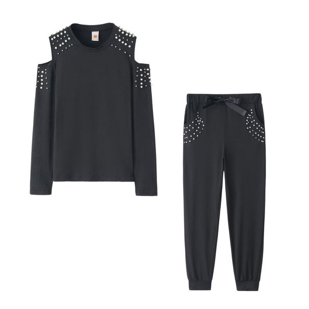 Women's Off-Shoulder Beaded Long Sleeve Sporty Crew Neck Casual Set Solid Color Plus Size Autumn Winter_ecoleips.com