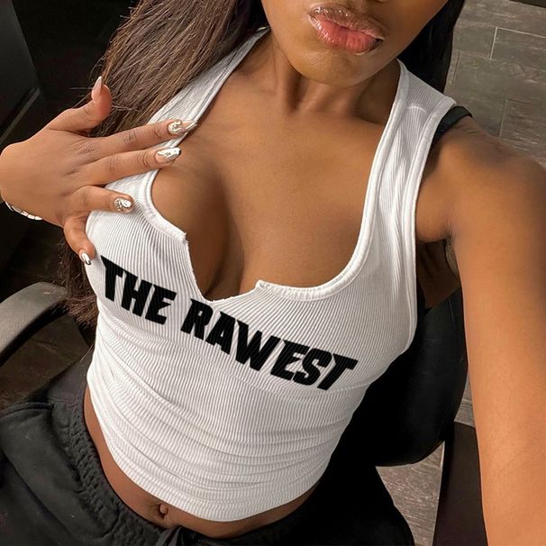 Women's Clothing Open Collar Printed Letter Small Vest Ribbed Letter Printed Fashion Women's Clothing_ecoleips.com