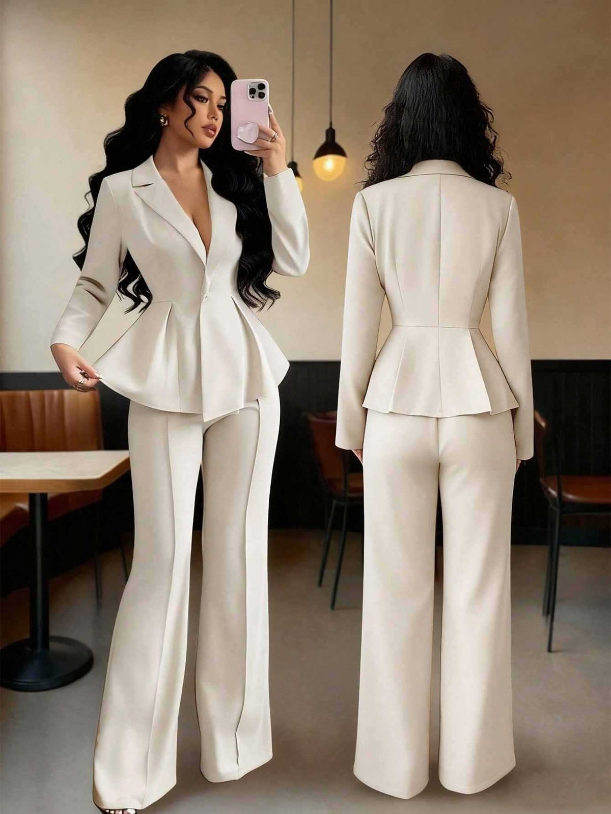 Elegant Flared Pantsuit Set For Women - Slim Fit Blazer & High-Waist Trousers, Office To Evening (Black/Red/Cream)_ecoleips.com