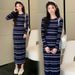 Autumn New Korean Fashion Striped Knitted Sleeve Long Dress For Pregnant Women_ecoleips.com