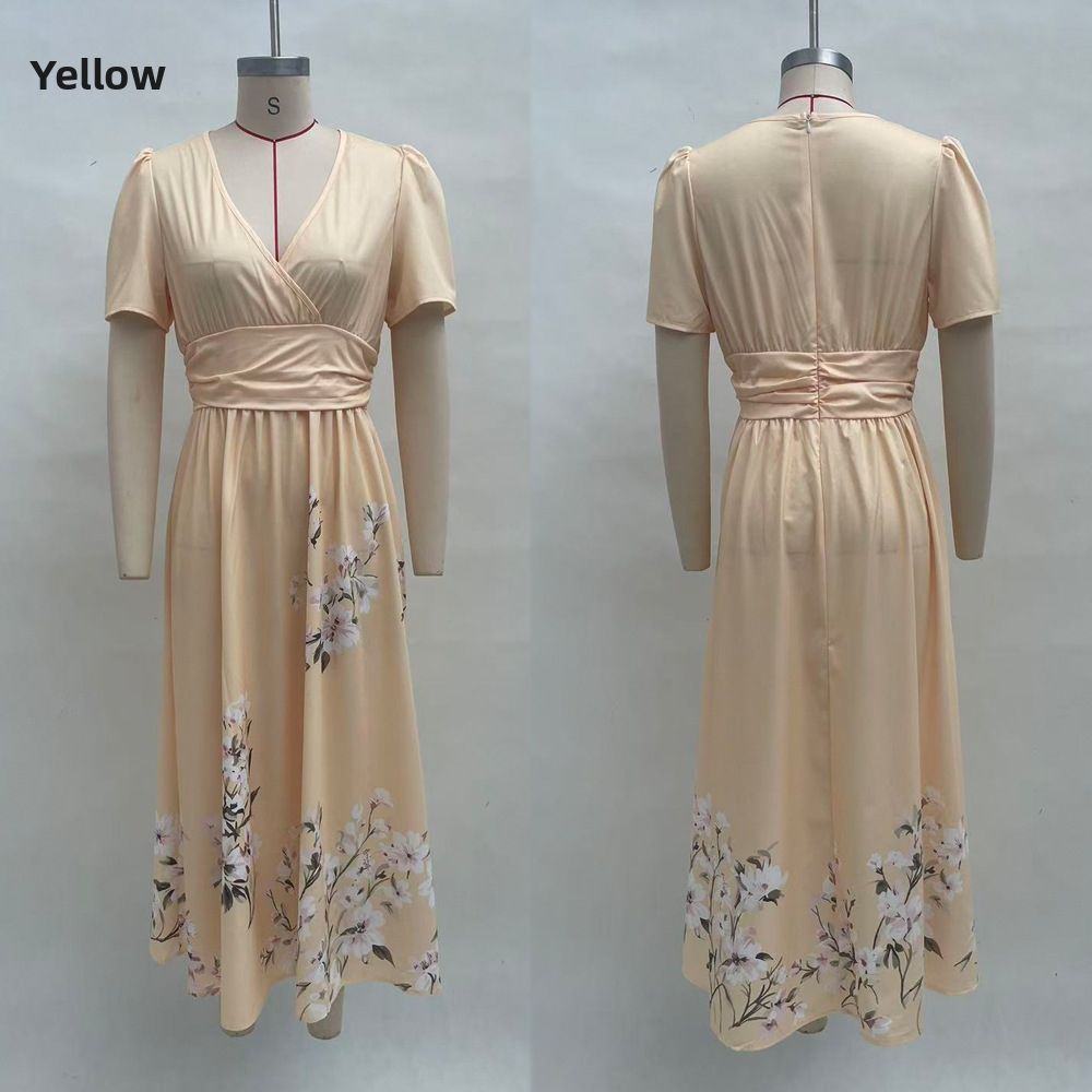 Elegant Floral Print A-Line Maxi Dress With V-Neck | Flowy Chiffon Long Dress For Women In Multiple Colors & Styles_ecoleips.com