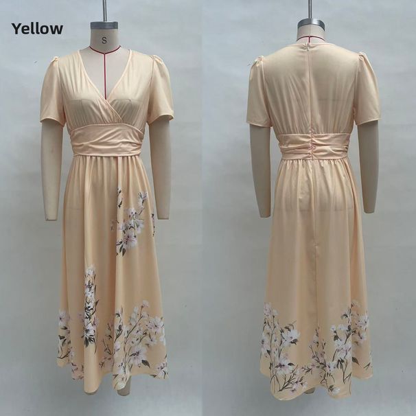Elegant Floral Print A-Line Maxi Dress With V-Neck | Flowy Chiffon Long Dress For Women In Multiple Colors & Styles_ecoleips.com