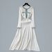 Denim Collar Knit Dress - Oversized Fit, Long Sleeve, Belted Waist, Flared Hem, Casual Elegance Blocked Knit Dress_ecoleips.com