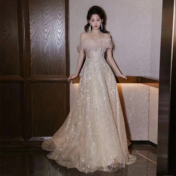Women's Clothing Banquet Evening Dress One Shoulder Sexy Fur Collar Morning Gown Female Bride Engagement Dress_ecoleips.com