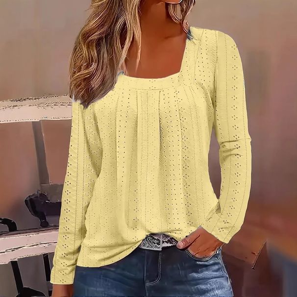 Women's Clothing Fashion Casual Square Neck Wrinkled Long Sleeved T Shirt_ecoleips.com