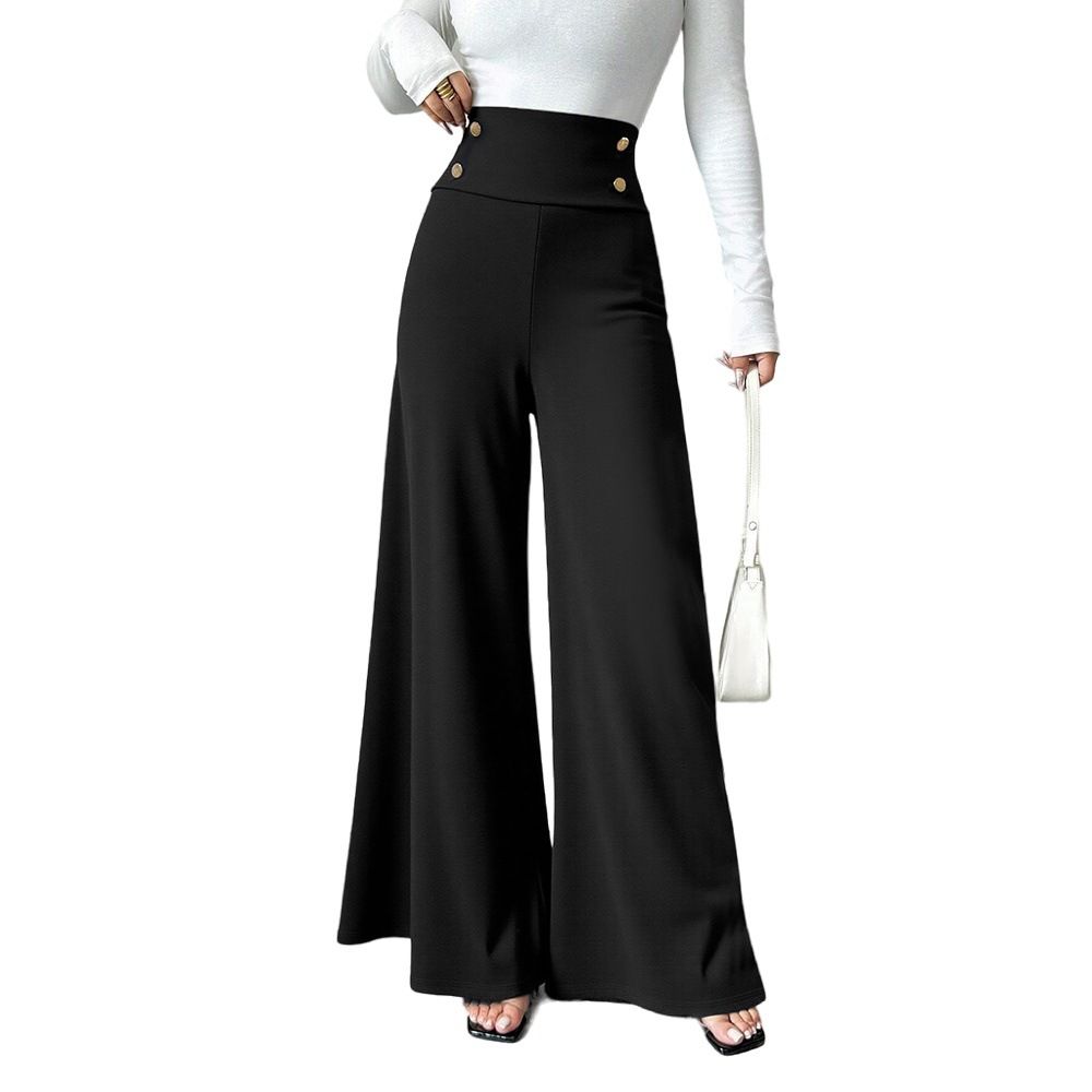 Voya Women's Black High Wide-leg Women, Slimming , Floor-length Straight Pants With Metal Button Decoration, Suitable Commuter Professional Trousers_ecoleips.com