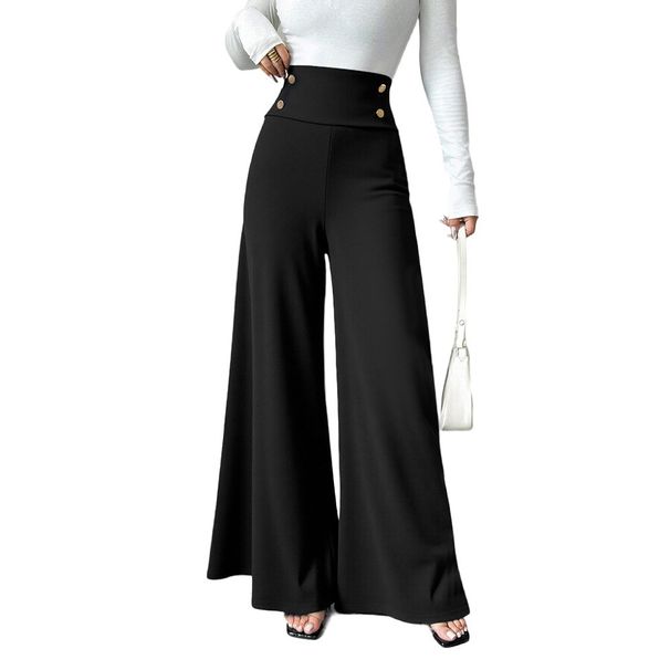Voya Women's Black High Wide-leg Women, Slimming , Floor-length Straight Pants With Metal Button Decoration, Suitable Commuter Professional Trousers_ecoleips.com