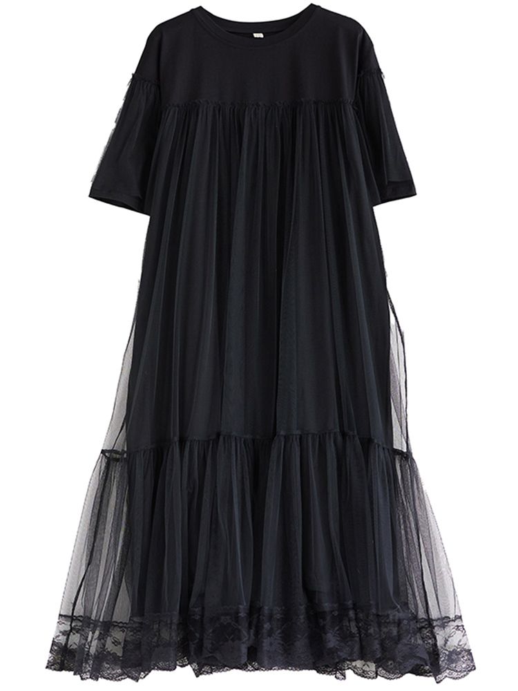 Black Vintage Mesh Patchwork Dresses For Women 2026 Summer New Short Sleeve Loose Casual Midi Dress Robe Fashion Elegant Clothes_ecoleips.com