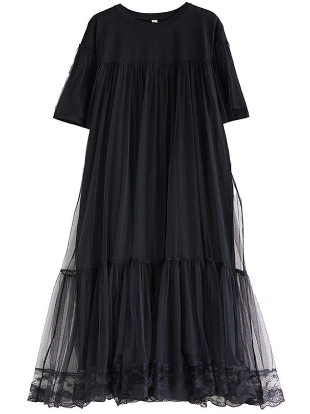 Black Vintage Mesh Patchwork Dresses For Women 2026 Summer New Short Sleeve Loose Casual Midi Dress Robe Fashion Elegant Clothes_ecoleips.com