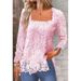 Elegant Long Sleeve Lace T-Shirt For Women - U Neck & Square Neck Blouse With Floral Embroidery Detail, Comfortable Stretch Fabric_ecoleips.com